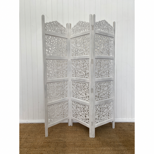 3 Panel Carved Screen Whitewash